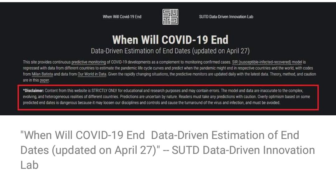 "When Will COVID-19 End Data-Driven Estimation of End Dates (updated on April 27)" -- SUTD Data-Driven Innovation Lab